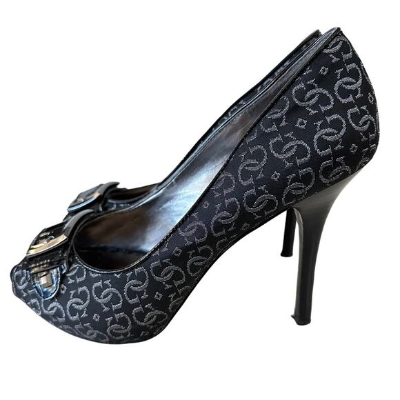 Guess signature black and silver peep toe  pumps buckle accent. Size 8 - Picture 1 of 4